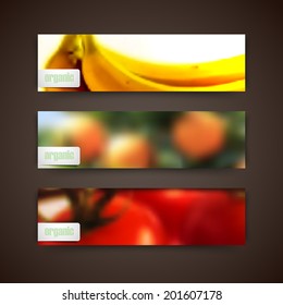 Set of banners with blurred background of orange grove, bananas, tomatoes and organic food labels, vector design
