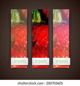 Set of banners with blurred background of ripe strawberries, vector design