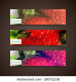 Set of banners with blurred background of ripe strawberries, vector design