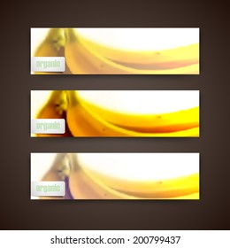 Set of banners with blurred background of yellow bananas, vector design