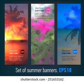 Set of banners with blurred summer background, palm silhouette and text. Modern design templates. Vector illustration.