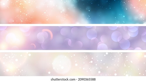 Set of banners with bokeh lights like snow. Space for text. Vector illustration.
