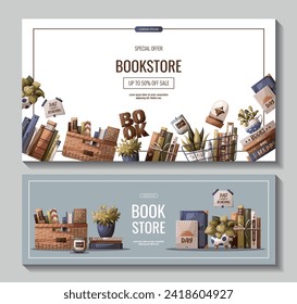 Set of banners with books and houseplants. Bookstore, bookshop, book lover, reading, interior concept. Vector illustration for advertising, banner, promo.