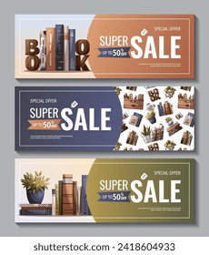 Set of banners with books and houseplants. Bookstore, bookshop, book lover, reading, interior concept. Vector illustration for advertising, banner, promo.