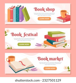 Banderas con libros. Conocimiento e información. Amor por la lectura y la literatura. Hobby y ocio útiles. Festividades y festivales. Colección vectorial plana de dibujos animados aislada en fondo rosa