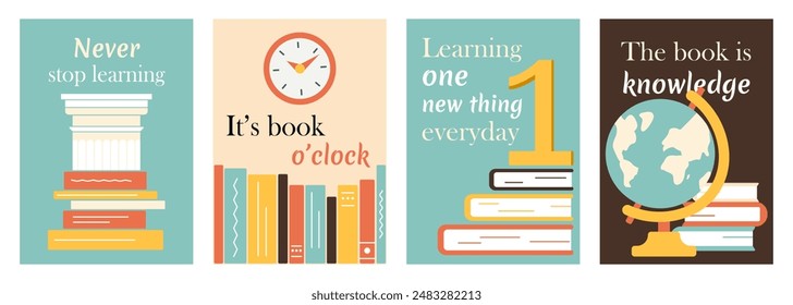 Set Banners with books, quotes. Architectural column, stack of textbooks, teaching and education. Clock, bookshelf. Golden unit and encyclopedias. Globe, literature. Hobby reading. Vector illustration