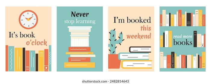 Set Banners with books, quotes. Clock, bookshelf. Architectural column, stack of textbooks, learning and education. Cactus in pot, literature, house plant. Library. Hobby reading. Vector illustration