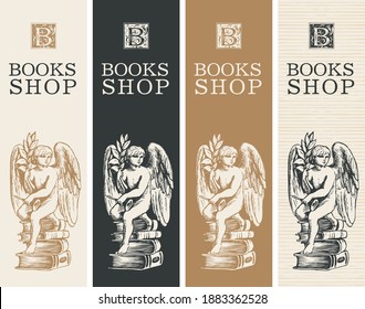 Set of banners for a books shop with the initial letter B, an inscription and a hand-drawn angel sitting on the books. Vector illustration in retro style, suitable for flyer, label, bookmark, poster