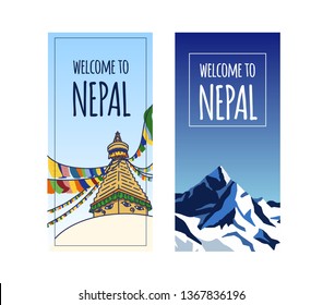 Set of banners with Boudhanath (The Biggest Tibetan temple in Nepal) and Himalayas landscape with text. 