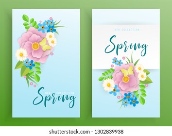 Set banners of bouquets of paper flowers. Arrangement of flowers cut from paper. Paper flowers on blue background. Vector illustration.