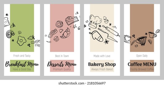 Set of banners for breakfast menu, desserts menu, bakery shop and coffee menu. Vector illustration for banner, flyer, cover, advertising, menu, poster. 