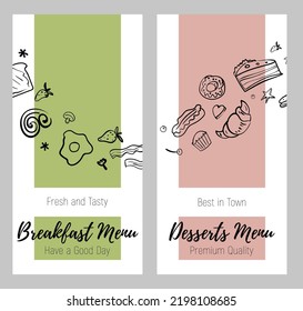 Set of banners for breakfast menu, desserts menu. Vector illustration for banner, flyer, cover, advertising, menu, poster. 