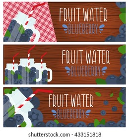 Set of banners with bright fruit water in mason jar with blueberries .Vector illustration