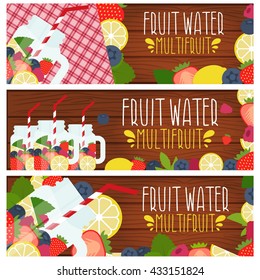 Set of banners with bright fruit water in mason jar with strawberries, raspberries, lemons, blueberries, raspberries .Vector illustration
