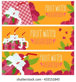 Set of banners with bright fruit water in mason jar with raspberries .Vector illustration