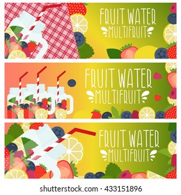 Set of banners with bright fruit water in mason jar with strawberries, raspberries, lemons, blueberries, raspberries .Vector illustration