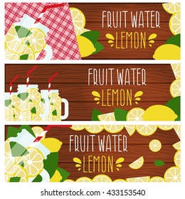 Set of banners with bright fruit water in mason jar with lemons .Vector illustration