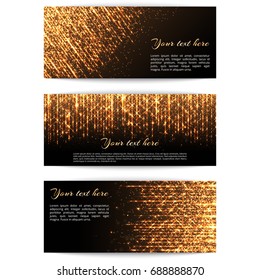 A set of banners with bright golden sparkles and star beams for festive decoration.