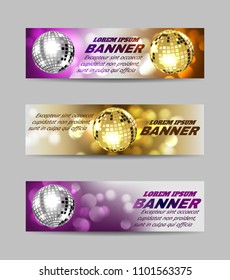 Set of banners bright mirror golden ball design for disco dance club.