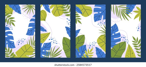 Set of banners with bright tropical leaves. Backgrounds with copy space for text. Hand drawn vector illustration for social media stories.