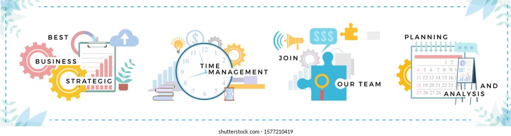 Set of banners. Business consulting and time management, join our team and strategic partnership. Collection of whiteboard and puzzle with big clock. Deadline and working projects vector in flat