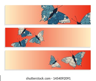 set of banners with butterflies and ink spots in blue red shades