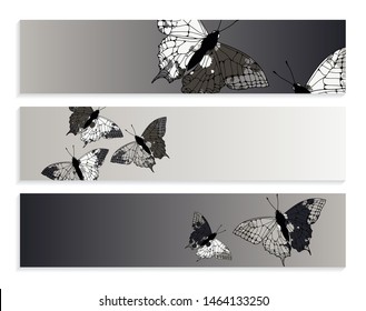 set of banners with butterflies and ink spots in silver shades