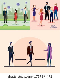 set banners of campaign distancing social at office with business people vector illustration design