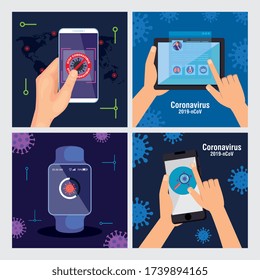 set banners of campaign of stop 2019 ncov online vector illustration design