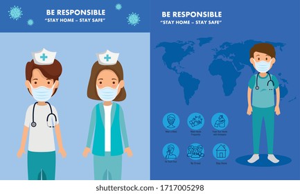 set banners of campaigns of be responsible stay at home vector illustration design