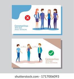 set banners campaigns of social distancing for covid 19 with people vector illustration design