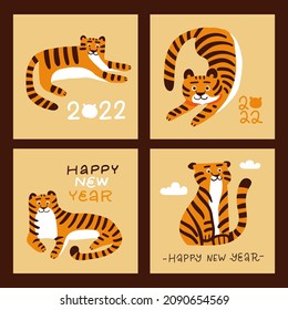Set of banners or cards with a funny tiger characters for Chinese Happy New Year 2022. Concept for Year of the Tiger. Creative flat hand drawn vector illustration with lettering text