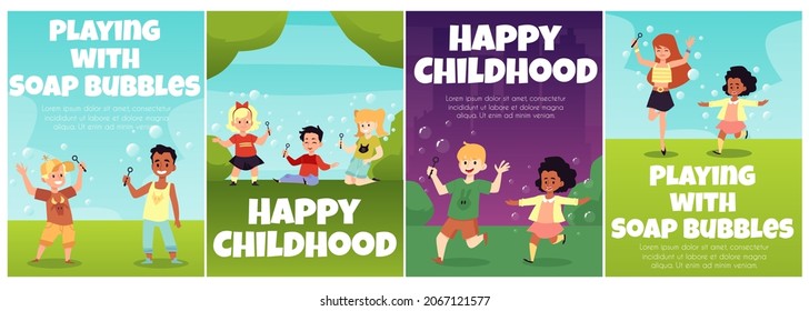 Set of banners or cards with happy cheerful children playing soap bubbles, flat cartoon vector illustration. Collection of banners on topic of happy childhood.