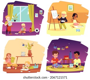 Set Of Banners Or Cards With Happy Creative Children Making Arts And Crafts, Flat Cartoon Vector Illustration. Collection Of Banners For Kids Creative Education.