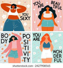 A set of banners or cards on the theme of body positivity. Motivational cards in flat style. Beautiful girls.
