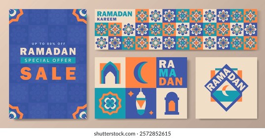 Set of banners and cards for Ramadan with geometric and Islamic motif: crescent moon, lantern, mosque arches, Arabic patterns, bold SALE text. Posters in flat style with orange, green, blue, and beige