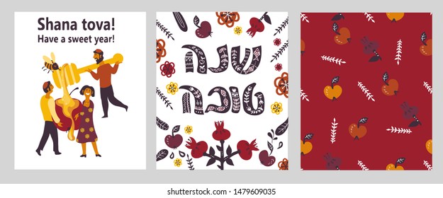 Set of banners or cards with Shana Tova (Happy New Year) greeting, cartoon characters and seamless pattern for Rosh Hashanah Jewish holiday. Blessing of Happy and sweet new year vector illustration.