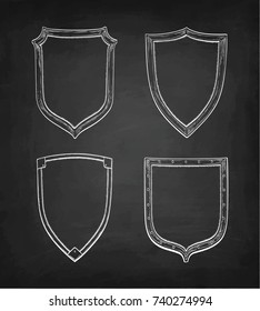 Set of banners. Chalk sketch of vintage shields on blackboard background. Hand drawn vector illustration. Retro style.