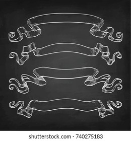 Set of banners. Chalk sketch of vintage ribbons on blackboard background. Hand drawn vector illustration. Retro style.