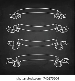Set of banners. Chalk sketch of vintage ribbons on blackboard background. Hand drawn vector illustration. Retro style.