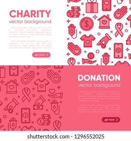 Set of banners Charity and donation. Friendship, Generous, volunteer center, fundraising event, shelter. Vector template with outline icons