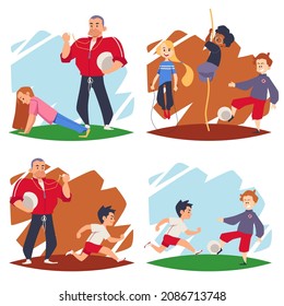 Set banners with children in physical education lesson with trainer, flat vector illustration isolated on white background. Kids physical development and school sport.