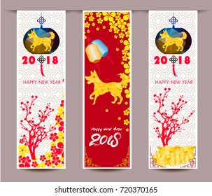 Set Banners with Chinese New Year Dog, Blossom cherry Flowers, Lanterns