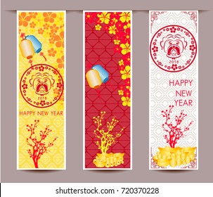 Set Banners with Chinese New Year Dog, Blossom cherry Flowers, Lanterns