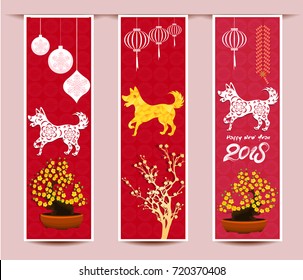 Set Banners with Chinese New Year Dog, Blossom cherry Flowers, Lanterns