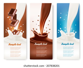 Set Of Banners With Chocolate And Milk Splashes. Vector.