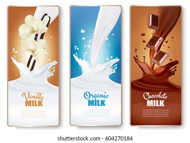 Set of banners with chocolate and milk splashes. Vector.