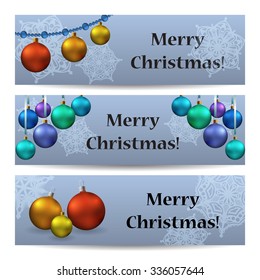 Set of banners with christmas tree toys and text "Marry christmas" Vector illustration