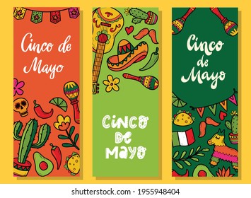 set of banners for cinco de mayo decorated with lettering quotes and doodles. Good for cards, book marks, posters, prints, invitations, etc. EPS 10