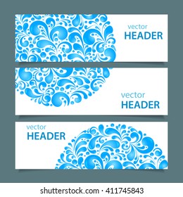 Set of banners with circle water drops decoration made of swirls shapes, vector illustration